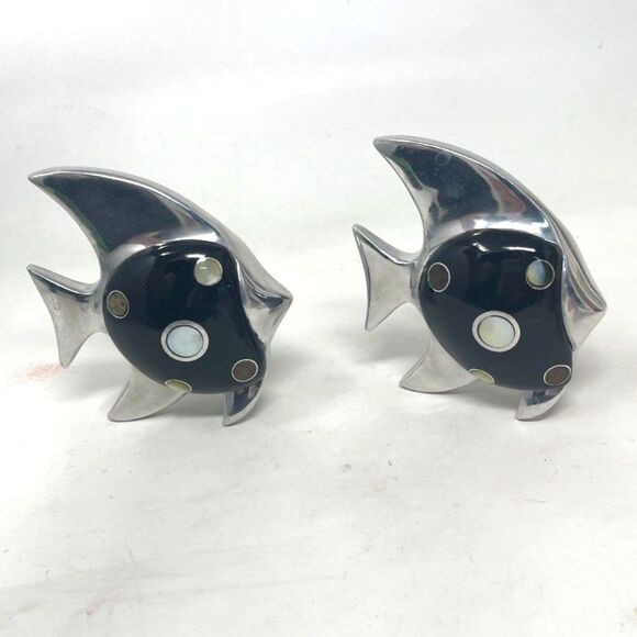 Vintage Silver & Black Metal Pair Fish Figurines With Inlaid Stone Abalone *RARE - Picture 2 of 11